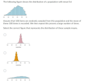 ### Understanding Population Distribution and Sample Means

The following figure shows the distribution of a population with a mean of 0.6.

![Population Distribution](path/to/population-distribution.jpg)

This graph is a histogram representing the population distribution, where the x-axis represents the values ranging from 0.0 to 1.0 and the y-axis represents the frequency of these values in the population. The distribution is approximately symmetric and centered around the mean value of 0.6.

#### Sampling from the Population

Assume that 100 items are randomly sampled from this population, and the mean of these 100 items is recorded. We then repeat this process a large number of times.

#### Selecting the Correct Distribution of Sample Means

Below are three figures depicting potential distributions of these sample means. Select the correct figure that represents the distribution of these sample means.

1. ![Sample Mean Histogram 1](path/to/sample-mean1.jpg)
   - This histogram has a mean at approximately 0.6, with a symmetric and narrow shape indicating low variance.

2. ![Sample Mean Histogram 2](path/to/sample-mean2.jpg)
   - This histogram shows a mean around 0.6 but with higher variability compared to the first, indicating slightly more spread.

3. ![Sample Mean Histogram 3](path/to/sample-mean3.jpg)
   - This histogram displays a flatter distribution with more spread around the mean of 0.6, suggesting a higher variance.

Ensure your choice reflects your understanding of how sample means behave according to the Central Limit Theorem, which states that the distribution of the sample means will tend to be normal (Gaussian), with the same mean as the population, but with reduced variability (standard error).

By selecting the correct distribution, you can apply your knowledge of statistics and probability to real-world scenarios involving sampling and estimation.