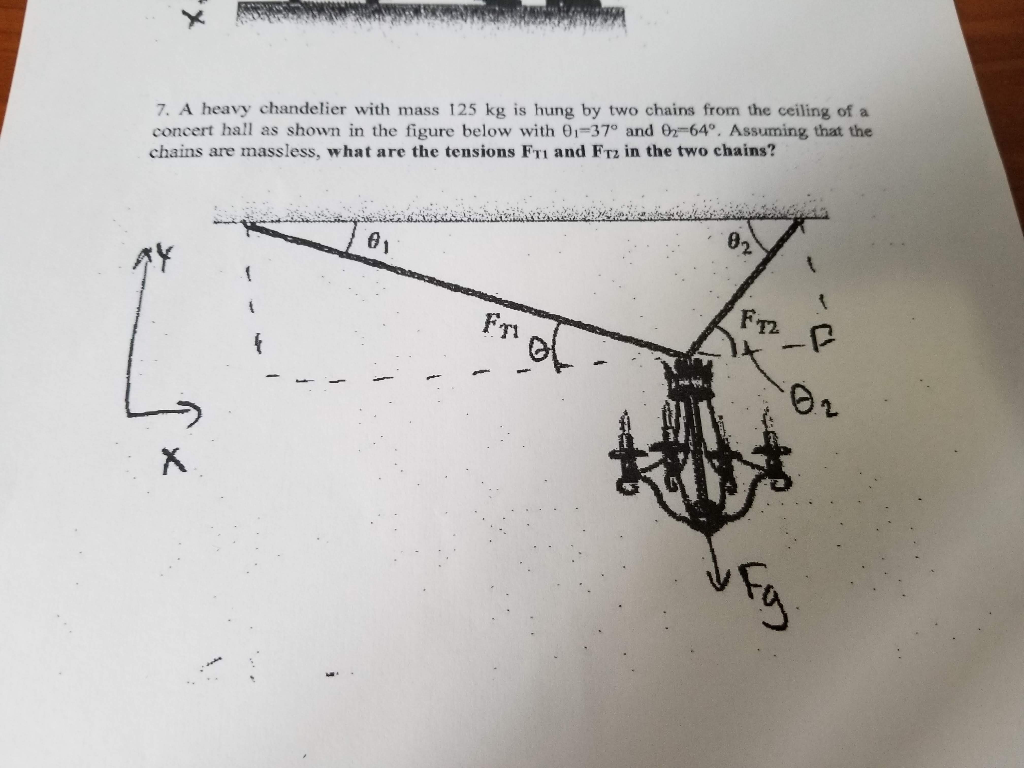 7. A heavy chandelier with mass 125 kg is hung by two chains from the ceiling of a
concert hall as shown in the figure below with 01=37° and 02-64°. Assuming that the
chains are massless, what are the tensions FT1 and Frz in the two chains?
02
FT2
FTi
X.
