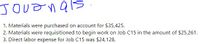 JOuDnals
1. Materials were purchased on account for $35,425.
2. Materials were requisitioned to begin work on Job C15 in the amount of $25,261.
3. Direct labor expense for Job C15 was $24,128.
