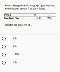 Fusion Energy is evaluating a project that has
the following annual free cash flows:
|0
-500
|1
|250
Period
Free Cash Flow
What is the project's IRR?
3.5
2.5
-0.6
1.5
