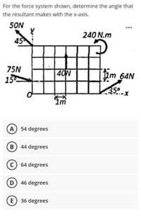 For the force system shown, determine the angle that
the resultant makes with the x-axis.
5ON
240 N.m
45
75N
13
40N
um 64N
GAN
54 degrees
B 44 degrees
C 64 degrees
46 degrees
E 36 degrees
