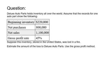 Question:
Deluxe Auto Parts holds inventory all over the world. Assume that the records for one
auto part show the following:
Beginning inventory $220,000
Net purchases
Net sales
Gross profit rate
800,000
1,100,000
45%
Suppose this inventory, stored in the United States, was lost in a fire.
Estimate the amount of the loss to Deluxe Auto Parts. Use the gross profit method.