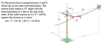 (3) The power line is strung between A and B
which are on the same horizontal plane. The
tension force makes a 15° angle with the
horizontal plane at A due to the sag of the
cable. If the cable tension at A is T = 200 lb,
express the tension as a vector.
Ans: T=191.0+28.7-51.8 lb
18'
0
4.5'
A
15°
F
30'
B