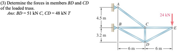 (3) Determine the forces in members BD and CD
of the loaded truss.
Ans: BD 51 kN C, CD = 48 kN T
A
4.5 m
B
с
3.2 m
24 kN
6 m
6 m
E