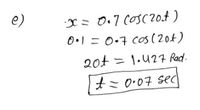 e)
x = 0.7 COS(20.t)
0.1 = 0.7 cos (20+)
20t=1.427 Rad.
+= 0·07 sec