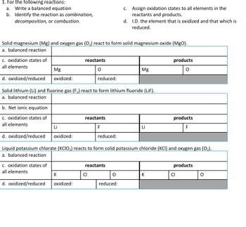 1. For the following reactions:
a. Write a balanced equation
b. Identify the reaction as combination,
decomposition, or combustion.
Assign oxidation states to all elements in the
reactants and products.
d. I.D. the element that is oxidized and that which is
C.
reduced.
Solid magnesium (Mg) and oxygen gas (O2) react to form solid magnesium oxide (MgO).
a. balanced reaction
c. oxidation states of
reactants
products
all elements
Mg
Mg
d. oxidized/reduced
oxidized:
reduced:
Solid lithium (Li) and fluorine gas (F,) react to form lithium fluoride (LiİF).
a. balanced reaction
b. Net ionic equation
c. oxidation states of
reactants
products
all elements
Li
F
Li
F
d. oxidized/reduced
oxidized:
reduced:
Liquid potassium chlorate (KCIO;) reacts to form solid potassium chloride (KCI) and oxygen gas (O,).
a. balanced reaction
c. oxidation states of
reactants
products
all elements
K
CI
K
CI
d. oxidized/reduced
oxidized:
reduced:

