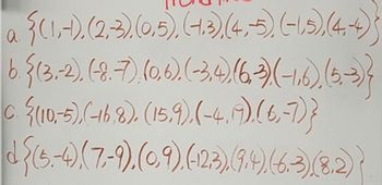 {(1.-).(2-3) (0,5), (1.3),(4,5), (-1,5),(4-4)
6. § (3,-2). (-8.-7), (0,6).(-3,4),(6-3).(-1.6) (6,-3)}
{(10.-5).(-16.8). (15.9).(-4,19). (6-7)}
C.
d{(5-4) (7.-9), (0.9).(-12.3) (9.4),(6.-3)(8.2))