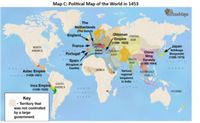 **Political Map of the World in 1453**

This map illustrates the political boundaries and significant empires across the world in the year 1453. The map highlights various major regions and their respective ruling powers during this period.

**Key Features:**

- **Europe**: Dominated by several influential states:
  - *The Netherlands* (The Dutch)
  - *England*
  - *France*
  - *Portugal*
  - *Spain* (Kingdom of Castile)

- **Asia**:
  - The vast *Ottoman Empire* spans from Europe into the Middle East and Central Asia, lasting from 1299 to 1923.
  - *China* is governed by the Ming Dynasty from 1368 to 1644.
  - *Japan* is under the rule of the Ashikaga Shogunate from 1336 to 1573.
  - South Asia is noted for its various regional kingdoms in India.

- **Africa**: Limited information on major empires or states, but the map indicates areas not controlled by large governments.

- **The Americas**:
  - The *Aztec Empire* in present-day Mexico existed from 1428 to 1521.
  - The *Inca Empire* dominated the Andean region from 1438 to 1533.

**Legend Explanation**:
- The key identifies territories not controlled by a large government, marked with a distinct shading.

This map was created by TimeMaps and provides a visual representation of the political landscape of the world in 1453, emphasizing the distribution of power among various empires and kingdoms.