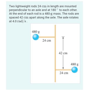 Two lightweight rods 24 cm in length are mounted
perpendicular to an axle and at 180° to each other.
At the end of each rod is a 480-g mass. The rods are
spaced 42 cm apart along the axle. The axle rotates
at 4.0 rad/s.
480 g
24 cm
42 cm
24 cm
480 g