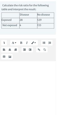 Calculate the risk ratio for the following
table and interpret the result:
Disease
No disease
Exposed
28
129
Not exposed 4
133
A- B I
В I
II
173
!!
囲
