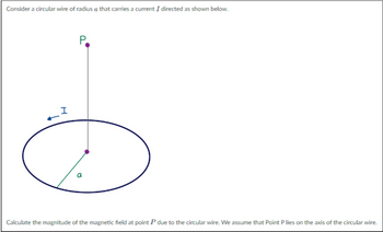 Consider a circular wire of radius a that carries a current I directed as shown below.
P
a
Calculate the magnitude of the magnetic field at point P due to the circular wire. We assume that Point P lies on the axis of the circular wire.