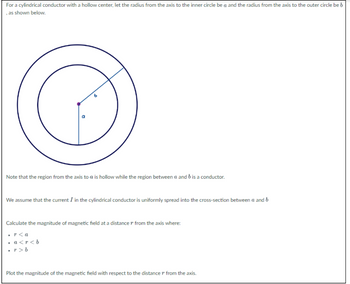 For a cylindrical conductor with a hollow center, let the radius from the axis to the inner circle be a and the radius from the axis to the outer circle be b
, as shown below.
Note that the region from the axis to a is hollow while the region between a and b is a conductor.
We assume that the current I in the cylindrical conductor is uniformly spread into the cross-section between a and b
Calculate the magnitude of magnetic field at a distance from the axis where:
• r <a
• a<r<b
•r>b
Plot the magnitude of the magnetic field with respect to the distance r from the axis.