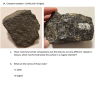 14. Compare samples l-1 (left) and l-9 (right).
а.
These rocks have similar compositions, but the textures are very different. Based on
texture, which rock formed below the surface in a magma chamber?
b. What are the names of these rocks?
1-1 (left):
1-9 (right):
