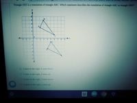 Triangle DEF is a translation of triangle ABC. Which statement describes the translation of triangle ABC to triangle DEF?
2345 67
O2 units to the right, 6 units down
O2 units to the right, 6 units up
O6 units to the right, 2 units down
6 units to the right, 2 units up
