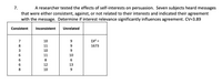 A researcher tested the effects of self-interests on persuasion. Seven subjects heard messages
that were either consistent, against, or not related to their interests and indicated their agreement
with the message. Determine if interest relevance significantly influences agreement. CV=3.89
7.
Consistent
Inconsistent
Unrelated
7
10
Σχ?
8
11
9
1673
3
10
11
10
8
6
12
13
8
10
