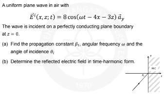 A uniform plane wave in air with
MANGAZ
E¹(x, z; t) = 8 cos(wt - 4x - 3z) ay
The wave is incident on a perfectly conducting plane boundary
at z = 0.
(a) Find the propagation constant ₁, angular frequency and the
angle of incidence 0₁
(b) Determine the reflected electric field in time-harmonic form.
1970
PEC