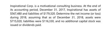 Inspirational Corp. is a motivational consulting business. At the end of
its accounting period, December 31, 2017, Inspirational has assets of
$567,480 and liabilities of $179,320. Determine the net income (or loss)
during 2018, assuming that as of December 31, 2018, assets were
$715,020, liabilities were $116,330, and no additional capital stock was
issued or dividends paid.