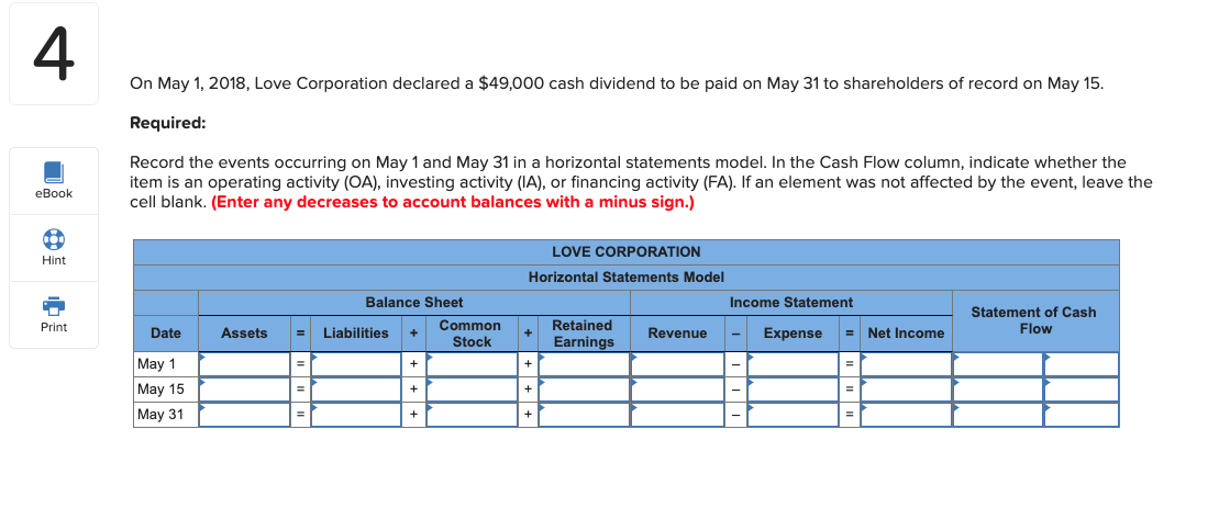 On May 1, 2018, Love Corporation declared a $49,000 cash dividend to be paid on May 31 to shareholders of record on May 15.
Required:
Record the events occurring on May 1 and May 31 in a horizontal statements model. In the Cash Flow column, indicate whether the
item is an operating activity (OA), investing activity (IA), or financing activity (FA). If an element was not affected by the event, leave the
cell blank. (Enter any decreases to account balances with a minus sign.)
LOVE CORPORATION
Horizontal Statements Model
Balance Sheet
Common
Stock
Income Statement
Statement of Cash
Date
Liabilities
Retained
Revenue
= Net Income
Assets
Expense
Flow
Earnings
May 1
May 15
May 31
