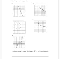 Write the equations of the graphs shown.
6.
7.
9.
10.
12
11. Given the function f (x), explain how the graph of -f(x – 5) – 7 will be transformed.
