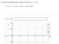 Using the graphing utility, graph the function y = f'(x).
f'(x) = x* – 16x³ + 81x² – 146x + 80
f' (x)
=
40
20
-2
2
4
6.
10
--20-
