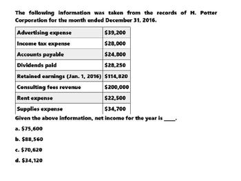 The following information was taken from the records of H. Potter
Corporation for the month ended December 31, 2016.
Advertising expense
$39,200
Income tax expense
$28,000
Accounts payable
$24,800
Dividends paid
$28,250
Retained earnings (Jan. 1, 2016) $114,820
Consulting fees revenue
$200,000
$22,500
$34,700
Rent expense
Supplies expense
Given the above information, net income for the year is
a. $75,600
b. $88,560
c. $70,620
d. $34,120