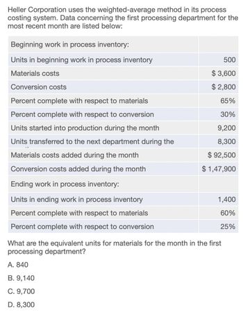 Heller Corporation uses the weighted-average method in its process
costing system. Data concerning the first processing department for the
most recent month are listed below:
Beginning work in process inventory:
Units in beginning work in process inventory
500
Materials costs
$3,600
Conversion costs
Percent complete with respect to materials
Percent complete with respect to conversion
$2,800
65%
30%
Units started into production during the month
Units transferred to the next department during the
Materials costs added during the month
Conversion costs added during the month
Ending work in process inventory:
Units in ending work in process inventory
$ 92,500
$ 1,47,900
9,200
8,300
Percent complete with respect to materials
Percent complete with respect to conversion
1,400
60%
25%
What are the equivalent units for materials for the month in the first
processing department?
A. 840
B. 9,140
C. 9,700
D. 8,300