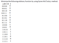 Minimize the following arbitrary function by using Quine McCluskey method.
АВCD f
0000
0001
0010
0011
0100
1
0101
0110
0111
1000
1
1001
1010
1
1011
1
1100
1
1101
1110
1
1111
