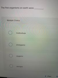 The first organisms on earth were
Multiple Choice
multicellular
anoxygenic
oxygenic
sponges
< Prev
24
