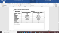 Routine Chemical Tests for Urine - Word
Table Tools
Decy Joy Garriel
Table Design
O Tell me what you want to do
2 Share
File
Home
Insert
Draw
Design
Layout
References
Mailings
Review
View
Help
Layout
X Cut
P Find
Calibri (Body)
12
A A
Aa v
AaBbCcD AaBbCcDc AaBbCcDc AaBbC AaBbCcC AaBbC AaBbCcD
EE Copy
abc Replace
Paste
BIU v abe
A v aly - A -
I Normal
No Spacing I No Spac. Heading 1
Heading 2 Heading 3 Heading 4
A Select
Format Painter
Clipboard
Font
Paragraph
Styles
Editing
PART II. REAGENT STRIP TECHNIQUE
PARAMETER
RESULT
Normal Urine (Patient 2)
1.000
Pathologic Urine (Patient 2)
1.010
Specific Gravity
pH
Glucose
7.0
7.0
Negative
15(0.15+-)
160(16) ++++
12(200)
Negative
250(15) +
15(0.15+-)
160(16) ++++
12(200)
Negative
Protein
Ketone
Urobillogen
Billruben
Blood
+-
Nitrate
Leukocytes
70+
70+
Generalization
Page 6 of 8
1012 words
DE English (Philippines)
& Accessibility: Investigate
117%
O Type here to search
25°C Light rain
6:21 pm
28/12/2021
ENG
