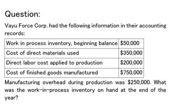 Question:
Vayu Force Corp. had the following information in their accounting
records:
Work in process inventory, beginning balance $50,000
Cost of direct materials used
Direct labor cost applied to production
Cost of finished goods manufactured
$350,000
$200,000
$750,000
Manufacturing overhead during production was $250,000. What
was the work-in-process inventory on hand at the end of the
year?