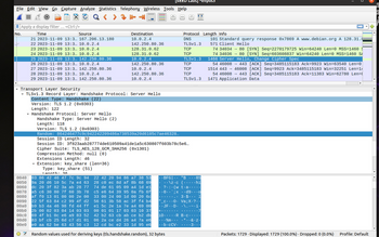 SEED
File Edit View Go Capture Analyze Statistics Telephony Wireless Tools Help
O
0101
Apply a display filter ... <Ctrl-/>
Time
No.
Source
21 2023-11-09 13:3... 167.206.13.180
22 2023-11-09 13:3... 10.0.2.4
23 2023-11-09 13:3... 10.0.2.4
24 2023-11-09 13:3... 10.0.2.4
25 2023-11-09 13:3... 142.250.80.36
26 2023-11-09 13:3... 10.0.2.4
27 2023-11-09 13:3... 142.250.80.36
28 2023-11-09 13:3... 10.0.2.4
29 2023-11-09 13:3... 142.250.80.36
<
▾ Transport Layer Security
▾ TLSv1.3 Record Layer: Handshake Protocol: Server Hello
Content Type: Handshake (22)
Version: TLS 1.2 (0x0303)
Length: 122
▾ Handshake Protocol: Server Hello
Destination
10.0.2.4
142.250.80.36
128.31.0.62
128.31.0.62
10.0.2.4
142.250.80.36
10.0.2.4
142.250.80.36
10.0.2.4
Handshake Type: Server Hello (2)
Length: 118
Version: TLS 1.2 (0x0303)
Random:
864246477c9c942242209486a738539a20d6105c7ae46328..
Session ID Length: 32
Session ID: 3f823aab287774de610509a41de1a5c630807f603b78c5e6...
Cipher Suite: TLS_AES_128_GCM_SHA256 (0x1301)
Compression Method: null (0)
Extensions Length: 46
Extension: key_share (len=36)
Type: key_share (51)
Length: 36.
22 42 20 94 86 a7 38 53
28 c0 ec 8d af 8b 68 69
74 de 61 05 09 a4 1d el
c5 e6 64 39 95 0a fb 6f
33 00 24 00 1d 00 20 6c
56 61 3b 58 ac 3f f4 b4
el 5c 2e la 7e a4 69 00
00 01 01 17 03 03 10 37
42 b2 63 cb ab ce b2 db
06 2a ce d4 26 a4 7a e6
12 cd bc e2 33 1d 95 e6
0040 03 86 42 46 47 7c 9c 94
0050 9a 20 d6 10 5c 7a e4 63
0060 dc 20 3f 82 3a ab 28 77
0070 a5 c6 30 80 7f 60 3b 78
0080 af fo 13 01 00 00 2e 00
0090 22 5f 63 84 c2 99 4f d2
00a0 b9 b3 4a 46 98 fd 44 ff
00b0 2b 00 02 03 04 14 03 03
00c0 69 4f b1 0c e6 a9 83 52
eode 83 bf cb 25 6d c7 d1 01
00e0 eo aa 62 be 63 43 56 c3
07 Random values used for deriving keys (tls.handshake.random), 32 bytes
Protocol Length Info
DNS
TLSv1.3
TCP
TCP
TLSv1.3
TCP
TCP
TCP
TLSV1.3
•
BFG|· "B 8S
··\z .c (..…..hi
?·:·(w t·a·……….
0x d9 o
・・・・・・ . · 3.$... 1
"_c...0.
· · JF · ·D·
Va; X.?..
·\. ·~·i·
+….…... ………………. / 7
10R B.C.....
・・・%m・・・ •*. •&•Z•
..%m..
..b.ccv.
.3...
· · ·
→→
101 Standard query response 0x7869 A www.debian.org A 128.31.0
571 Client Hello
74 34034 80 [SYN] Seq-2270179725 Win=64240 Len=0 MSS=1460
74 34036 80 [SYN] Seq=603608837 Win=64240 Len=0 MSS=1460 SA
1466 Server Hello, Change Cipher Spec
→
54 46008 → 443 [ACK] Seq=3485115183 Ack=9923 Win=63540 Len=0
1514 443 46008 [ACK] Seq-9923 Ack-3485115183 Win=32251 Len=14
54 46008 - 443 [ACK] Seq=3485115183 Ack=11383 Win=62780 Len=
1471 Application Data
Packets: 1729. Displayed: 1729 (100.0%) - Dropped:0 (0.0% ) Profile: Default