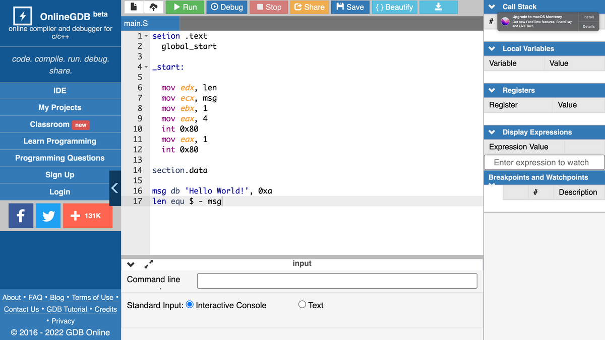 GDB online Debugger, Code, Compile, Run, Debug online C, C++