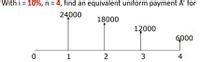 With i = 10%, n = 4, find an equivalent uniform payment A' for
24000
18000
12000
6000
3
4
