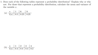 1. Does each of the following tables represent a probability distribution? Explain why or why
not. For those that represent a probability distribution, calculate the mean and variance of
the variable x.
1
9
(a)
f(x) | 0.5
0.25
0.25
1
2
(b)
f(x) | 0.4
0.4
0.4
0.2
