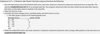 Implement in C++ a Student Letter Grade Calculator program that does the following:
1. Gets the input about each of the Students (first name, last name, testscore1, testscore2, testscore3, testscore4) from an input file. The
attached studentScores.txt file is an example input file. Your program shoud work with any other similar format input data! Assume
that there is information about 6 students in the input file.
2. Stores the input in arrays.
3. Calculates the total, average scores, and letter grades and stores them in arrays.
a. The letter grade is based on the following grade scale:
Average Score
Letter Grade
90 - 100
A
80 - <90
B
70 - <80
60 - <70
D
<60
F
4. Writes the output (first name, last name, testscore1, testscore2, testscore3, testscore4, total, average, letter grade) to a file and saves it as
studentLetterGrades.txt
