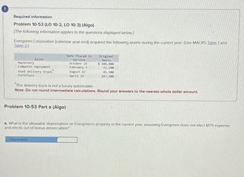 Required information
Problem 10-53 (LO 10-2, LO 10-3) (Algo)
[The following information applies to the questions displayed below.]
Evergreen Corporation (calendar year-end) acquired the following assets during the current year: (Use MACRS Table 1 and
Table 2)
Asset
Machinery
Computer equipment
Used delivery truck
Furniture
Date Placed in
Service
October 25
February 3
Original
Basis
$ 100,000
32,500
August 17
April 22
45,500
187,500
The delivery truck is not a luxury automobile.
Note: Do not round intermediate calculations. Round your answers to the nearest whole dollar amount.
Problem 10-53 Part a (Algo)
a. What is the allowable depreciation on Evergreen's property in the current year, assuming Evergreen does not elect §179 expense
and elects out of bonus depreciation?
Depreciation