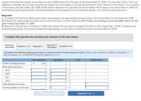 **Arnold Industries Tax Accounting for 2018 and 2019**

Arnold Industries reported a pretax accounting income of $34 million for the year ending December 31, 2018, with a tax rate applicable of 40%. The only variance between accounting income and taxable income pertains to an operating lease under which Arnold is the lessee. At the inception of the lease on December 28, 2018, the company made a $4 million advance payment, deductible for tax purposes in 2018, but recognized as prepaid rent for financial reporting over a four-year lease term.

**Tasks:**

1. **2018 Income Tax Recording:**
   - Complete the table to determine Arnold's income taxes for 2018.
   - Prepare the journal entry to record this tax adjustment.

2. **2019 Income Tax Recording:**
   - Arnold's pretax accounting income for 2019 is $42 million.
   - Record the income taxes for 2019.

3. **2020 Tax Rate Adjustment:**
   - Assume a new tax regulation effective in 2020 reduces the tax rate from 40% to 30%.
   - Determine and record the journal entry for Arnold’s 2019 income taxes with this new information.

**Table Completion for 2018:**

The table is designed to compute income taxes for 2018 by accounting for variations in rent costs that reverse over the subsequent four years and the effect on deferred tax amounts. The process involves:

- Listing pretax accounting income at $34 million.
- Adjusting for rent cost recognition across 2019-2022.
- Calculating tax impacts using respective rates for each adjustment and reversing year.
- Determining total deferred tax amounts.

Once data is entered, it will reflect the taxable income for the current year and the associated tax recorded. The adjustment accommodates future tax implications of reversing lease payment treatments.

**Educational Goals:**

- Understand differences between accounting and taxable income.
- Record tax entries reflecting deferred payments and future rate changes.
- Analyze the impact of tax law changes on corporate financial statements.

This exercise reinforces comprehension of lease accounting, deferred taxation, and the strategic impact of changing fiscal policies.