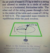 An air puck of mass 0.171 kg is tied to a string
and allowed to revolve in a circle of radius
1.14 m on a horizontal, frictionless table. The
other end of the string passes through a hole
in the center of the table and a mass of 1.33 kg
is tied to it. The suspended mass remains in
equilibrium while the puck revolves.
0.171 kg
1.14 m
1.33 kg
What is the tension in the string? The
acceleration due to gravity is 9.8 m/s.
Answer in units of N.
