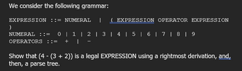 )
We consider the following grammar:
EXPRESSION ::= NUMERAL | ( EXPRESSION OPERATOR EXPRESSION
NUMERAL ::=
0|1|2|3|4 |5|6|7|8|9
OPERATORS ::= + |
Show that (4 - (3 + 2)) is a legal EXPRESSION using a rightmost derivation, and,
then, a parse tree.