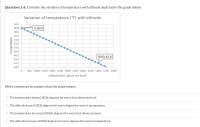 Questions 2-8. Consider the variation of temperature with altitude depicted in the graph below.
Variation of temperature (°F) with altitude
62.0
60.0
|0, 60.0
58.0
56.0
54.0
52.0
50.0
48.0
46.0
5000, 42.0
44.0
42.0
40.0
500 1000 1500 2000 2500 3000 3500 4000 4500 5000 5500 6000
altitude (feet above sea level)
Write a sentence to explain what the slope means.
The temperature drops 0.0036 degrees for every foot above sea level.
The altitude drops 0.0036 degrees for every degree increase in temperature.
The temperature increases 0.0036 degrees for every foot above sea level.
The altitude increases 0.0036 degrees for every degree decrease in temperature.
Temperature
