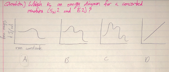 ### Understanding Energy Diagrams in Concerted Reactions (S<sub>N</sub>2 and E2)

**Question: Which is an energy diagram for a concerted reaction (S<sub>N</sub>2 and E2)?**

In the given image, we have four different energy diagrams labeled as A, B, C, and D. Each diagram plots the free energy (kJ/mol) on the y-axis against the reaction coordinate on the x-axis. Let's analyze each diagram to determine the correct one for concerted reactions such as S<sub>N</sub>2 and E2, which occur in a single, concerted step.

**Diagram Analysis:**

1. **Diagram A:** 
   - This diagram shows a smooth transition with a single peak, indicating a one-step reaction where the reactants convert to products through a single transition state. This is typical of concerted reactions such as S<sub>N</sub>2 and E2.
   
2. **Diagram B:**
   - This diagram has multiple energy barriers and intermediates, indicating a multi-step reaction process. This is not characteristic of concerted reactions, which occur in a single step.
   
3. **Diagram C:**
   - This diagram also shows multiple peaks, similar to Diagram B, which suggests multiple steps and transition states. This does not correspond to concerted reactions.
   
4. **Diagram D:**
   - This diagram shows a continuous increase in energy with no distinct peaks, suggesting a different type of process that does not match the characteristics of S<sub>N</sub>2 or E2 reactions.

**Conclusion:**
- The correct energy diagram for a concerted reaction, such as S<sub>N</sub>2 and E2, is diagram **A**. This diagram shows a single transition state, which is indicative of a concerted process where the reactants are directly converted to products in one continuous step.