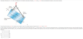 A steel plate of dimensions 2.5 x 1.5 x 0.08 m and weighing 23.1 KN is hoisted by steel cables with lengths L₁ = 3.1 m and L₂ = 4.0 m that are each attached to the plate by a clevis and pin (see figure).
T₁ =
T₂ =
Taver, 1
=
Clevis L₁
and pin 1
=
Taver, 2
%b, 1 =
%b, 2 =
a = 0.6 m
Center of gravity
of plate
Ⓡ
The pins through the clevises are 26 mm in diameter and are located 2 m apart. The orientation angles are measured to be 0 = 101.11° and a = 49.51⁰.
For these conditions, first determine the cable forces T₁ and T₂ (both in kN), then find the average shear stress Taver (in MPa) in both pin 1 and pin 2, and then the average bearing stress (in MPa) between the steel plate and each pin. Ignore the weight of the cables.
(Enter the magnitudes. Assume the lengths L₁ and L₂ are measured from the loop at the top of the figure to the center of their respective pin. Due to the nature of this problem, do not use rounded intermediate values in your calculations including answers submitted in
WebAssign.)
KN
KN
MPa
MPa
MPa
βι ¦ βι
Ꮎ
MPa
b=1.0 m-
2.0 m
Clevis
and pin 2
Steel plate
(2.5 x 1.5 x 0,08 m)