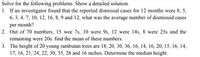 Solve for the following problems. Show a detailed solution.
1. If an investigator found that the reported dismissal cases for 12 months were 8, 5,
6, 3, 4, 7, 10, 12, 16, 8, 9 and 12, what was the average number of dismissed cases
per month?
2. Out of 70 numbers, 15 wee 7s, 10 were 9s, 12 were 14s, 8 were 25s and the
remaining were 20s. find the mean of these numbers.
3. The height of 20 young rambutan trees are 18, 20, 30, 36, 16, 14, 16, 20, 15, 16, 14,
17, 16, 21, 24, 22, 30, 35, 26 and 16 inches. Determine the median height.
