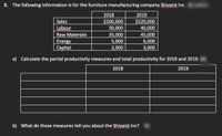 5. The following information is for the furniture manufacturing company Shivank Inc.
2018
2019
$200,000
30,000
$220,000
40,000
45,000
6,000
3,000
Sales
Labour
35,000
5,000
2,000
Raw Materials
Energy
Сapital
a) Calculate the partial productivity measures and total productivity for 2018 and 2019.
2018
2019
b) What do these measures tell you about the Shivank Inc?
