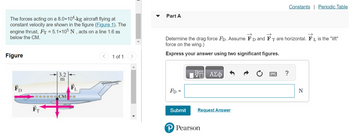 The forces acting on a 8.0×104-kg aircraft flying at
constant velocity are shown in the figure (Figure 1). The
engine thrust, F = 5.1×105 N, acts on a line 1.6 m
below the CM.
Figure
FD
3.2
m
oooood CM
FT
1 of 1
Part A
→
Determine the drag force FD. Assume FD and FT are horizontal. FL is the "lift"
force on the wing.)
Express your answer using two significant figures.
FD =
Submit
17 ΑΣΦ
Request Answer
P Pearson
Constants Periodic Table
?
N