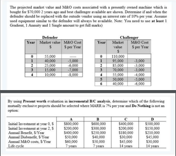 The projected market value and M&O costs associated with a presently owned machine which is
bought for $70,000 2 years ago and best challenger available are shown. Determine if and when the
defender should be replaced with the outside vendor using an interest rate of 10% per year. Assume
used equipment similar to the defender will always be available. Note: You need to use at least 1
Gradient, 1 Annuity and 1 Single amount to get full marks)
Defender
Challenger
Year Market value M&O Cost
Year
Market
M&O Cost
$
$ per Year
value
$ per Year
$
0
55,000
0
110,000
1
40,000
-5,000
1
95,000
-3,000
2
25,000
-6,000
2
85,000
-3,000
3
15,000
-7,000
3
70,000
-3,000
4
10,000
-8,000
4
55,000
-4,000
5
50,000
-5,000
6
40,000
-6,000
By using Present worth evaluation in incremental B/C analysis, determine which of the following
mutually exclusive projects should be selected where MARR is 7% per year and Do Nothing is not an
option:
A
B
C
D
Initial Investment at year 0, $
$800,000
$600,000
$400,000
$500,000
Initial Investment at year 2, $
$200,000
$300,000
$200,000
$150,000
Annual Benefit, S/Year
$400,000
$250,000
$180,000
$210,000
Annual Disbenefit, $/Year
$50,000
$40,000
$30,000
$45,000
Annual M&O costs, S/Year
Life cycle
$60,000
$50,000
$45,000
$30,000
7 years
7 years
14 years
14 years