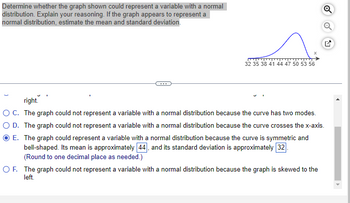 Determine whether the graph shown could represent a variable with a normal
distribution. Explain your reasoning. If the graph appears to represent a
normal distribution, estimate the mean and standard deviation.
32 35 38 41 44 47 50 53 56
E. The graph could represent a variable with a normal distribution because the curve is symmetric and
bell-shaped. Its mean is approximately 44, and its standard deviation is approximately 32.
(Round to one decimal place as needed.)
Q
right.
O C. The graph could not represent a variable with a normal distribution because the curve has two modes.
O D. The graph could not represent a variable with a normal distribution because the curve crosses the x-axis.
O F. The graph could not represent a variable with a normal distribution because the graph is skewed to the
left.
4