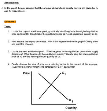 Assumptions:
In the graph below, assume that the original demand and supply curves are given by D₁
and S, respectively.
Question 1
Tasks:
1. Locate the original equilibrium point, graphically identifying both the original equilibrium
price and quantity. Clearly label the equilibrium price as P, and equilibrium quantity as Q₁.
2. Now assume that supply decreases. How is this represented on the graph? Clearly show
and label the changes.
3. Locate the new equilibrium point. What happens to the equilibrium price when supply
decreases? What happens to the equilibrium quantity? Clearly label the new equilibrium
price as P₂ and the new equilibrium quantity as Q₂.
4. Finally, discuss the idea of price as a rationing device in the context of this example.
(Suggested response length: one paragraph or 3 to 4 sentences).
S₁
IX
Price
Quantity