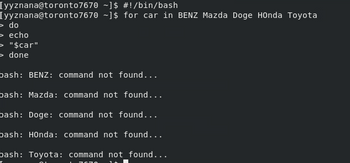 [yyznana@toronto7670
[yyznana@toronto7670
> do
> echo
"$car"
> done
~]$ #!/bin/bash
-]$ for car in BENZ Mazda Doge HOnda Toyota
bash: BENZ: command not found...
bash: Mazda: command not found...
bash: Doge: command not found...
bash: Honda: command not found...
bash: Toyota: command not found...