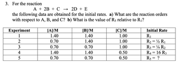 **3. For the reaction**

\[ \text{A + 2B + C} \rightarrow \text{2D + E} \]

the following data are obtained for the initial rates. 
**a) What are the reaction orders with respect to A, B, and C?**  
**b) What is the value of \( R_5 \) relative to \( R_1 \)?**

| Experiment | [A]/M | [B]/M | [C]/M | Initial Rate |
|------------|-------|-------|-------|--------------|
| 1          | 1.40  | 1.40  | 1.00  | \( R_1 \)       |
| 2          | 0.70  | 1.40  | 1.00  | \( R_2 = \frac{1}{2} R_1 \) |
| 3          | 0.70  | 0.70  | 1.00  | \( R_3 = \frac{1}{4} R_2 \) |
| 4          | 1.40  | 1.40  | 0.50  | \( R_4 = 16 R_3 \)   |
| 5          | 0.70  | 0.70  | 0.50  | \( R_5 = ? \)        |

This table shows the concentrations of reactants A, B, and C in moles per liter (M) during a series of experiments, along with their initial reaction rates. The challenge is to determine the reaction orders for each reactant and to predict the relative rate for experiment 5, \( R_5 \), based on the given rates for the other experiments.